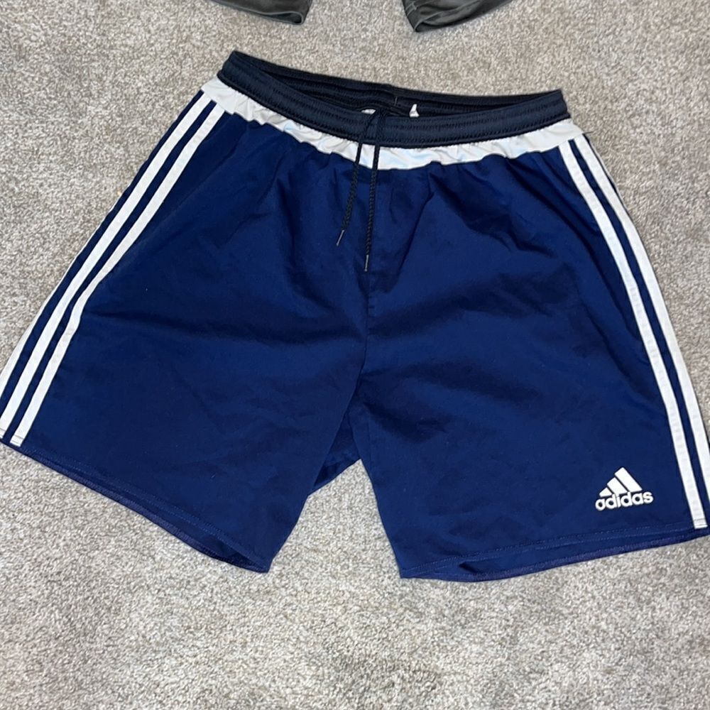 Blue Adizero Adidas soccer practice Blue white 3 stripe shorts L